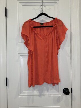 Worthington Coral Flutter Sleeve Ruffle Tie Blouse XL EUC Lightweight Semi-Sheer